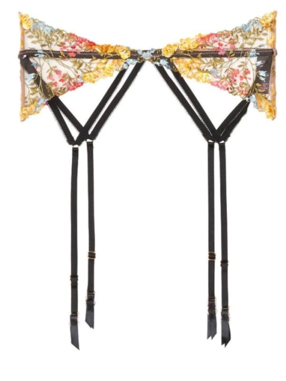 Victoria's Secret Black Sheer Garter Belt with Multicolor Floral Embroidery